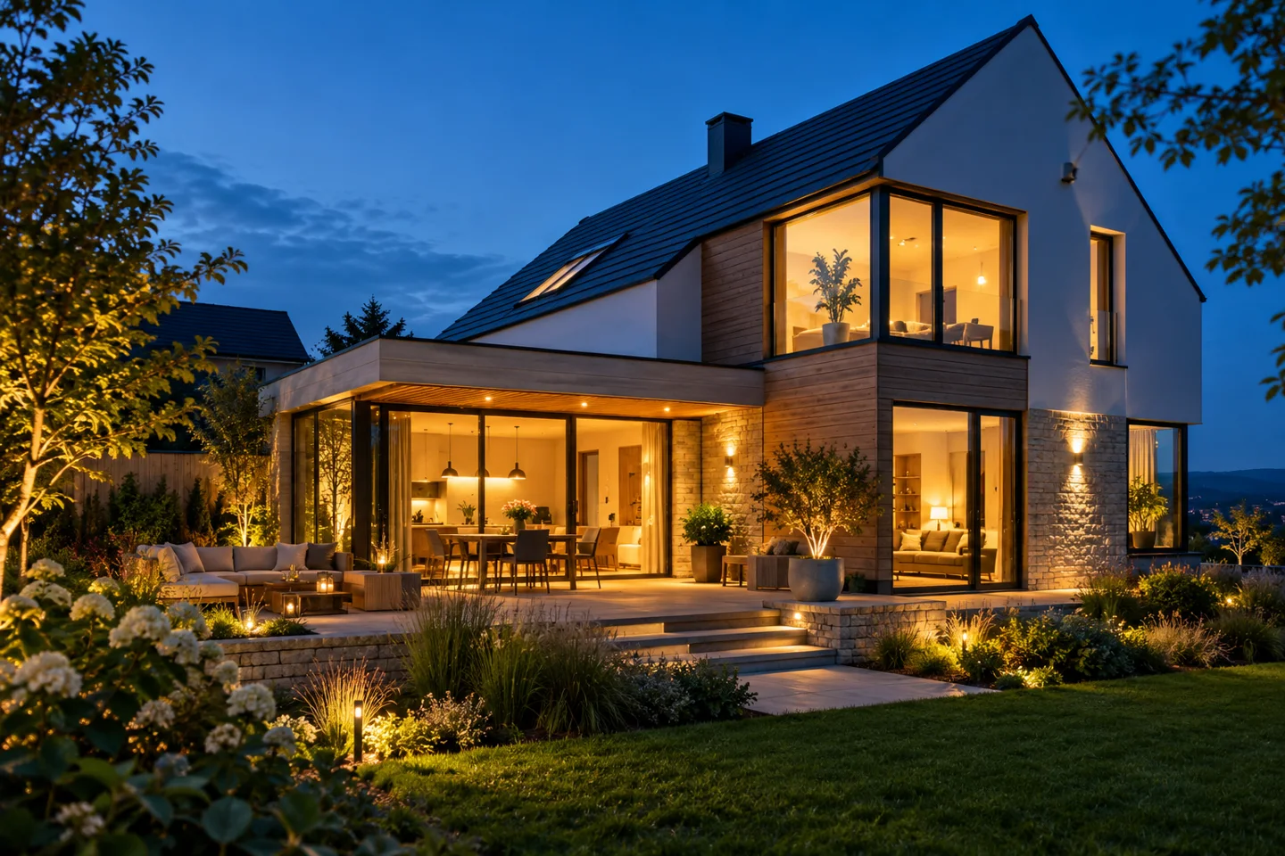 Beleuchtetes Haus als illustratives Energiemotiv